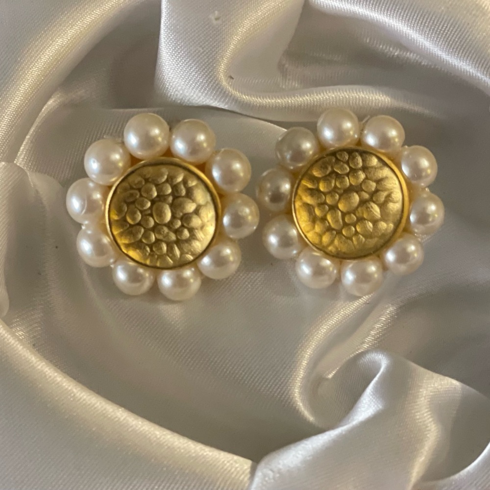 GIVENCHY Vintage Faux Pearl Gold Tone Clip Earrings